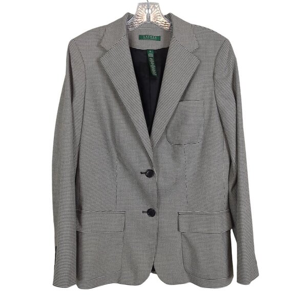 Lauren Ralph Lauren Womens Houndstooth Blazer Jacket Black White 2-Button‎ sz 10 - Picture 1 of 16
